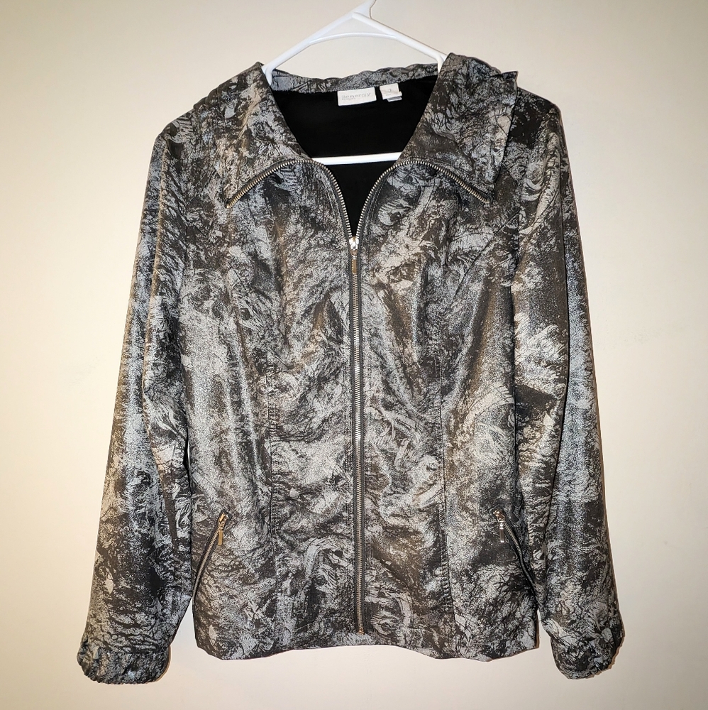 Zenergy by Chicos Neema Evelyn Foil Jacket Black & Silver Shiny Size 1  Medium